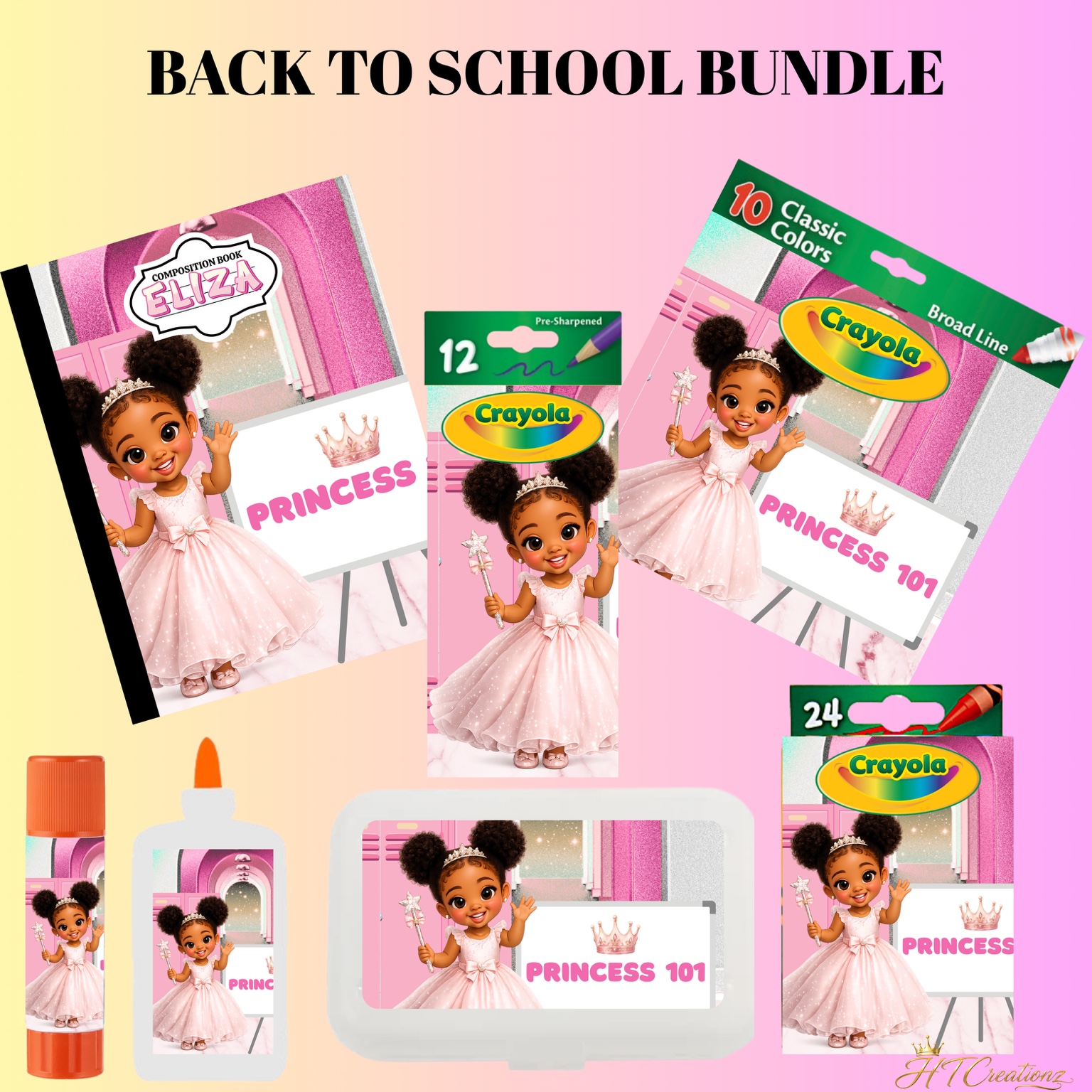 Pink princess themed personalized back to school bundle