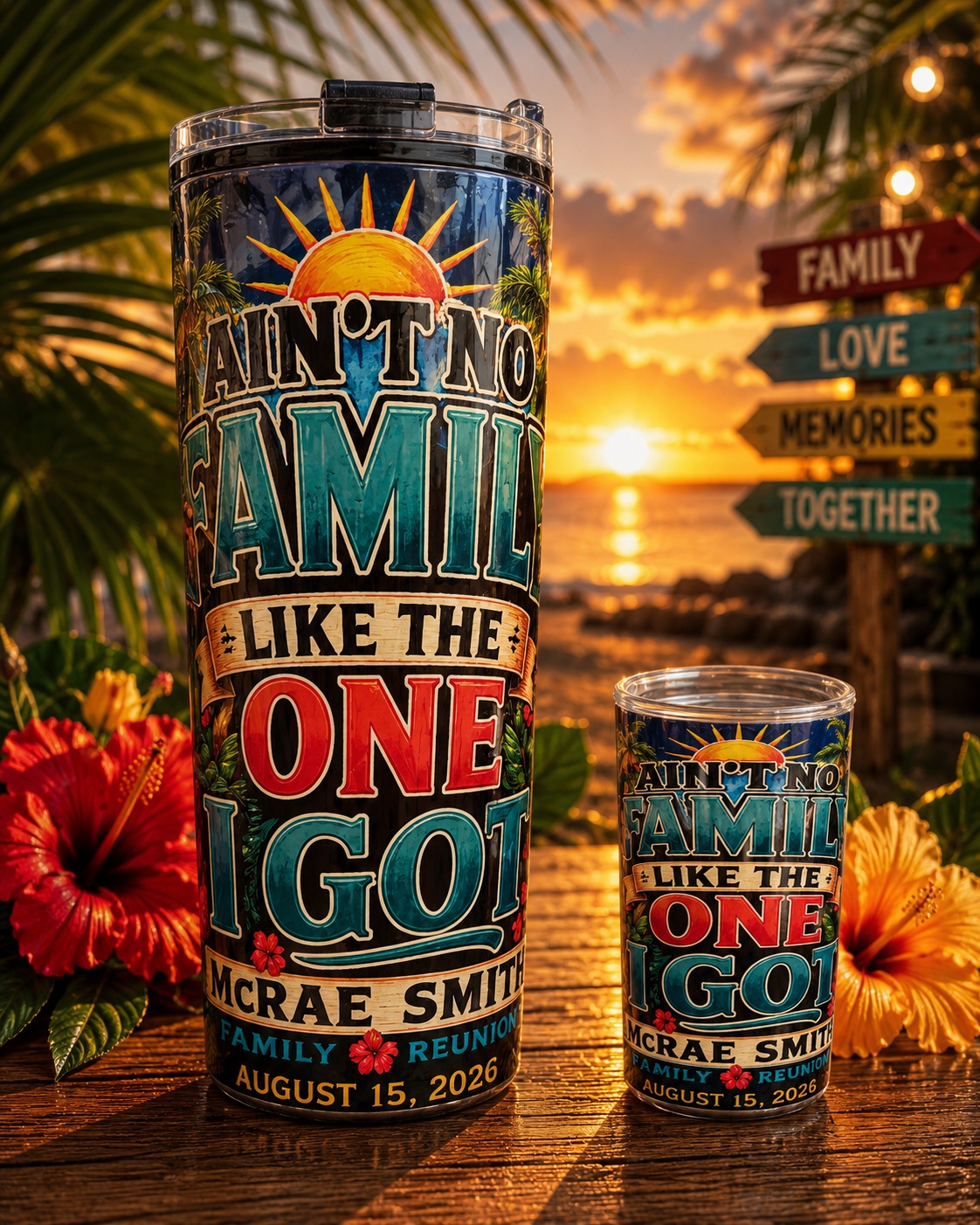 Full-size and mini family reunion tumblers at sunset